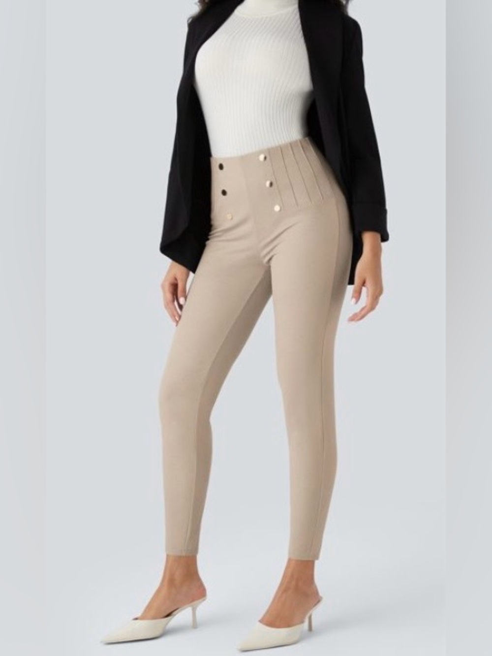 LARGE TUMMY CONTROL HERRINGBONE BACK ZIPPER POCKETS SLENDERIZING PANT
